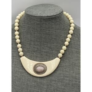 Vintage Necklace Lucite Bib Cream Beaded Marble Pink Glass Estate 18”